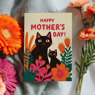 Cartão Mamãe Gata Preta & Gatinho Floral Feliz Dia das Mã