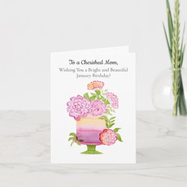 Cartão Mamãe Roxo Carnações no Bolo de Aniversário de Jan (Frente)