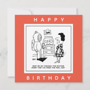 Cartão Man Dons Scuba Mergulhando em um cartoon de peixe