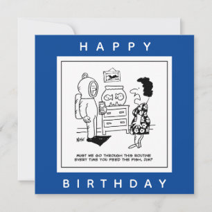 Cartão Man Dons Scuba Mergulhando em um cartoon de peixe