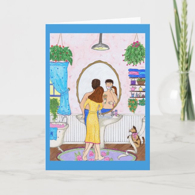 Cartão Man Shaving in Bathroom Wife, Dog Greeting Card (Frente)