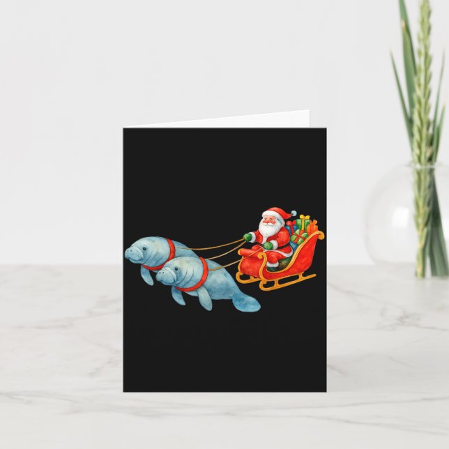 Cartão Manatee Santa Christmas Sleigh - Funny Manatee Xma (Frente)