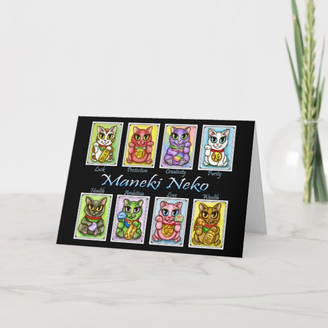 Cartão Maneki Neko Lucky Cats Fantasy Cat Art Card (Frente)