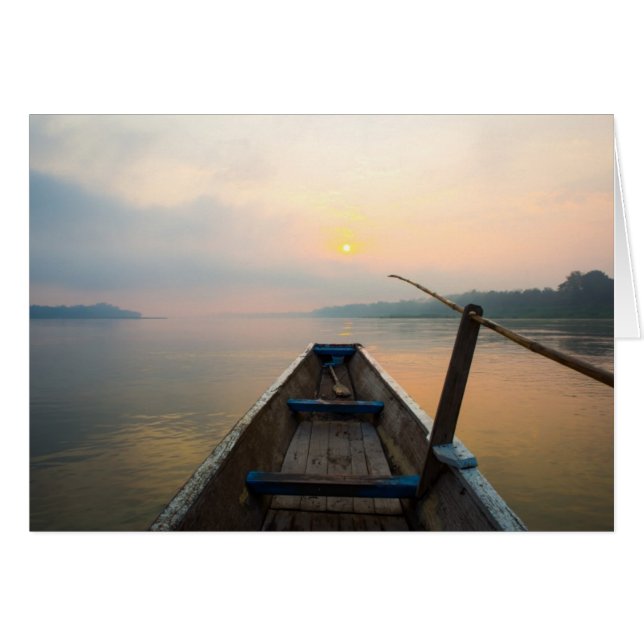 Cartão Manhã ao largo do lago com o barco (Frente Horizontal)