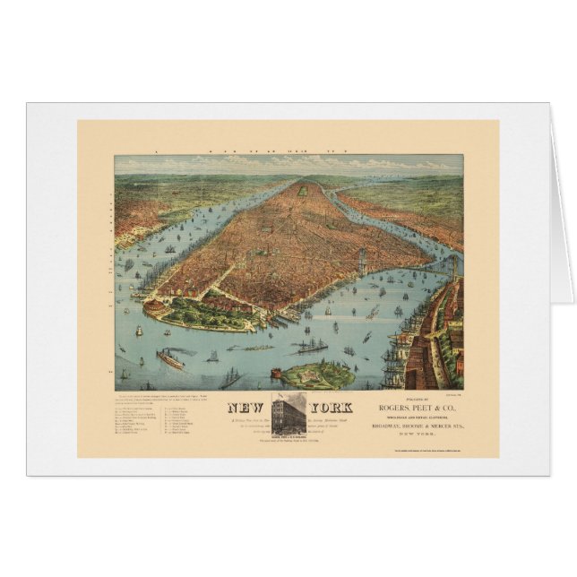 Cartão Manhattan, mapa panorâmico de NY - 1879 (Frente Horizontal)