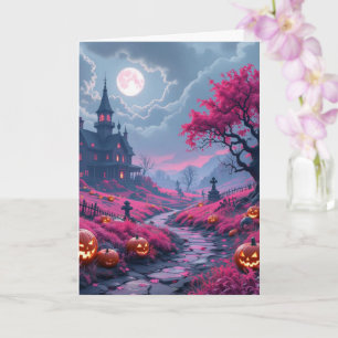 Cartão Mansão assustadora de fúcsia no halloween