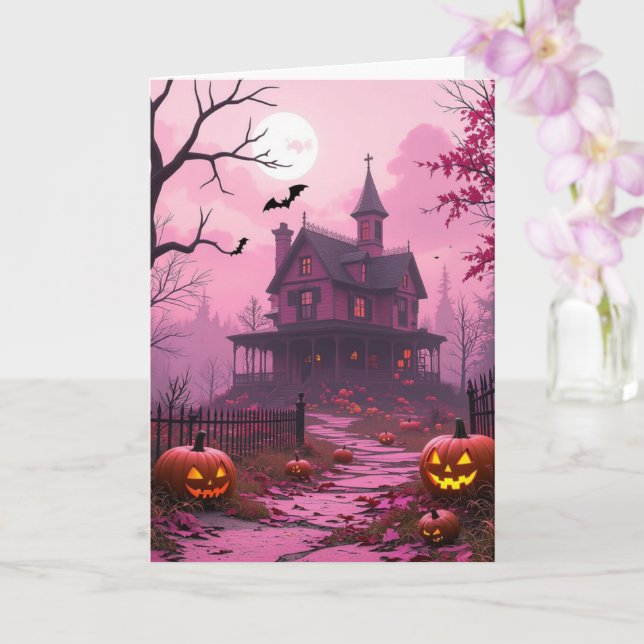 Cartão Mansão de halloween fúcsia (Orquídea)