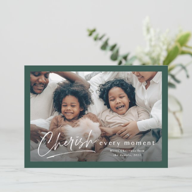 Cartão Manuscrito Verde Simples de Cereja 2 Foto Natal (Em pé/Frente)