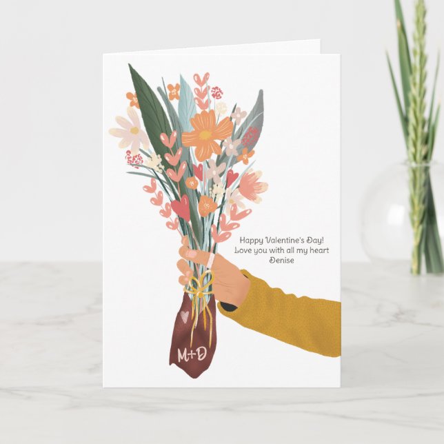 Cartão Mão segurando buquê floral no Dia dos Namorados 2  (Frente)