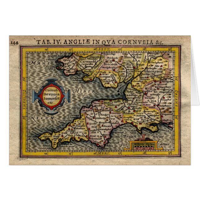Cartão Mapa 1610 de Cornualha, de Devon, de Somerset, (Frente Horizontal)