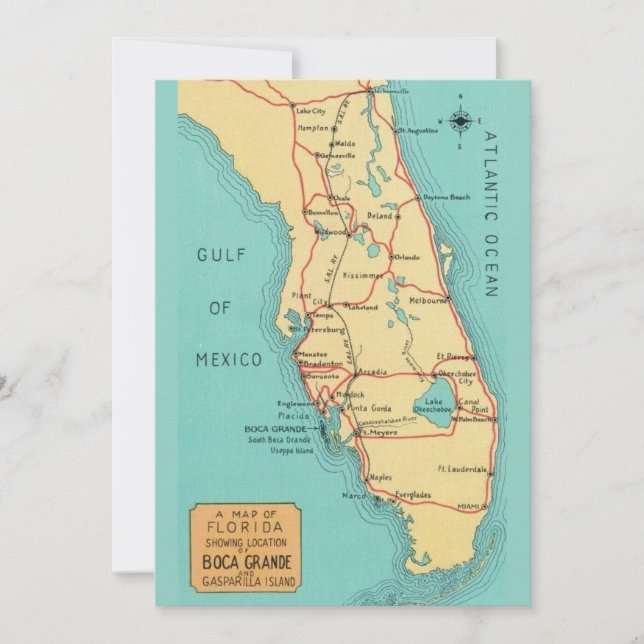 Cartão Mapa 5x7 Boca Grande Useppa Island Flórida (Frente)