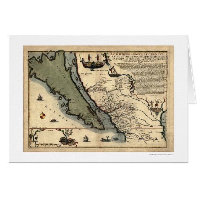 Cartão Mapa adiantado 1712 de Califórnia & de México (Frente Horizontal)