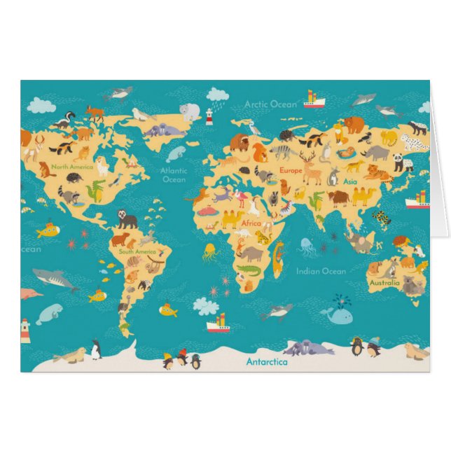 Cartão Mapa animal do mundo para miúdos (Frente Horizontal)
