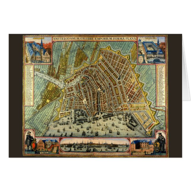 Cartão Mapa Antigo da Rua de Amsterdã, Holanda (Frente Horizontal)