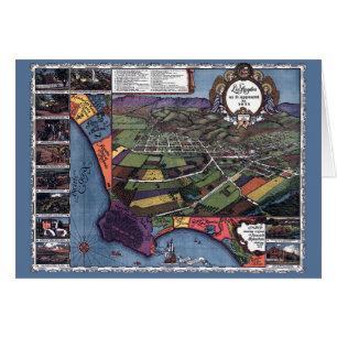 Cartão Mapa Antigo de Los Angeles, Califórnia, Vista Aére