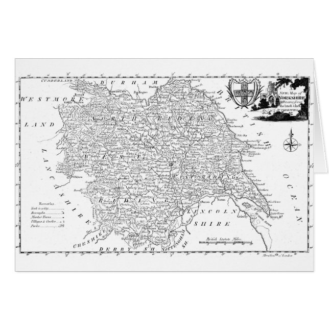 Cartão Mapa antigo de Yorkshire 1786 (Frente Horizontal)