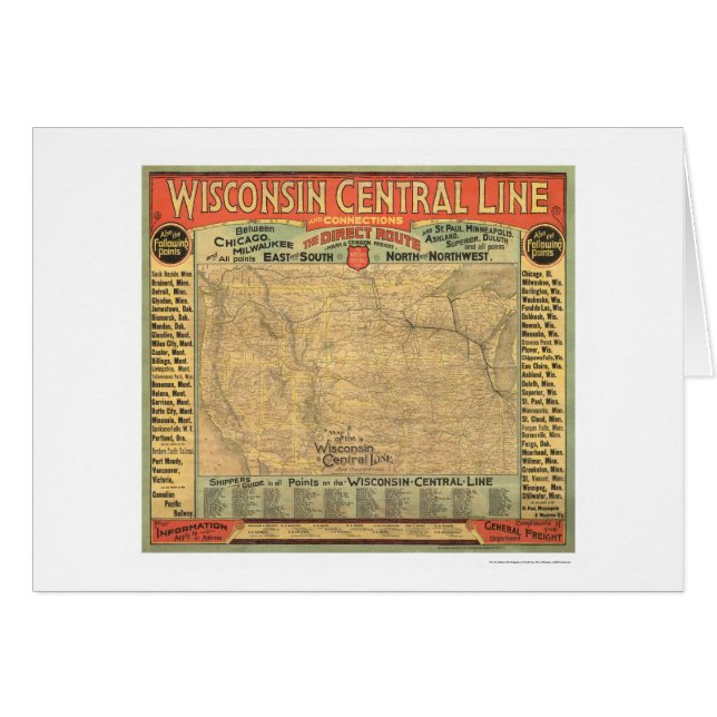 Cartão Mapa central 1882 da estrada de ferro de Wisconsin (Frente Horizontal)