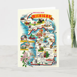 Cartão Mapa Colorido Vintage de Michigan