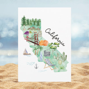 Cartão Mapa de Arte do Estado da Califórnia em Aquarela C