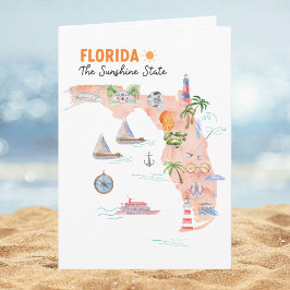 Cartão Mapa de Arte do Estado da Flórida em Aquarela Dobr