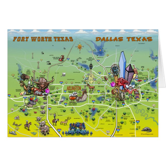 Cartão Mapa de Cartoons de Dallas Fort Worth (Frente Horizontal)