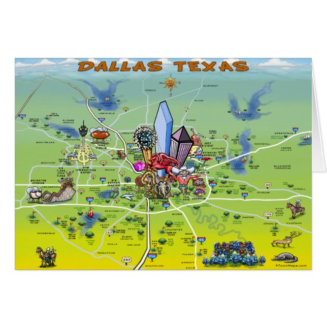 Cartão Mapa de Cartoons de Dallas Texas (Frente Horizontal)