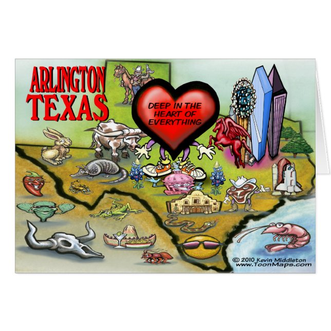 Cartão Mapa de Cartoons do Texas Arlington (Frente Horizontal)