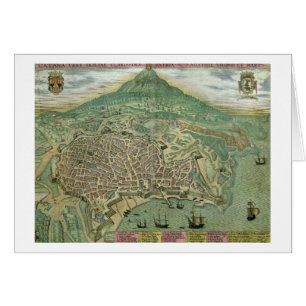 Cartão Mapa de Catania, de "Civitates Orbis Terrarum"