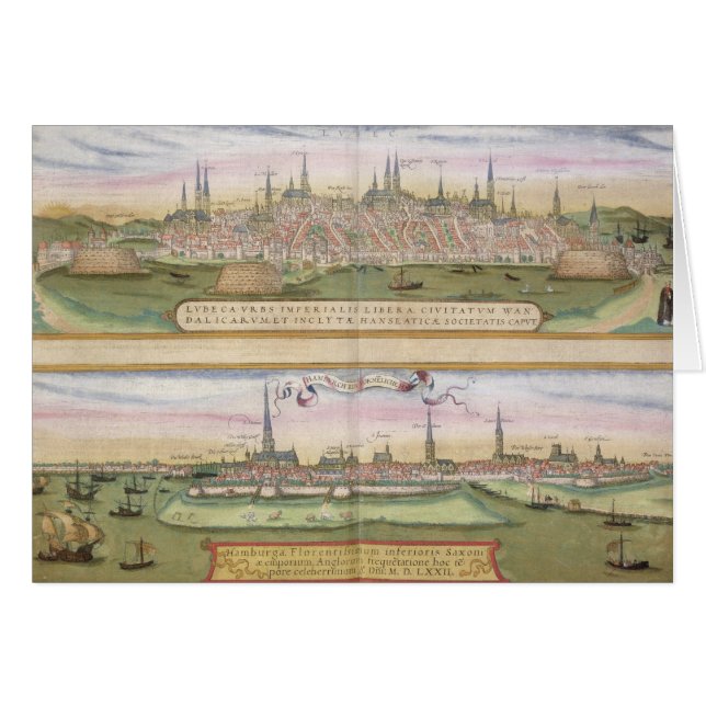 Cartão Mapa de Lubeque e de Hamburgo, 'de Civitates Orbis (Frente Horizontal)