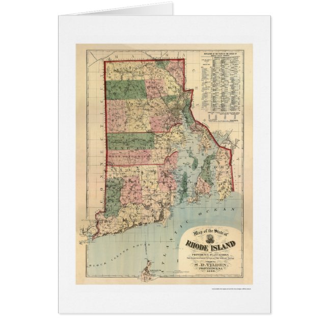 Cartão Mapa de Rhode - plantações 1880 da ilha & do (Frente)
