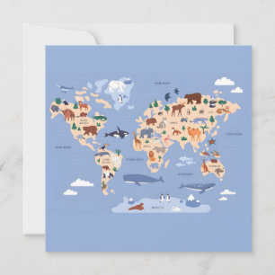 Cartão Mapa do Mundo dos Animais Fofos