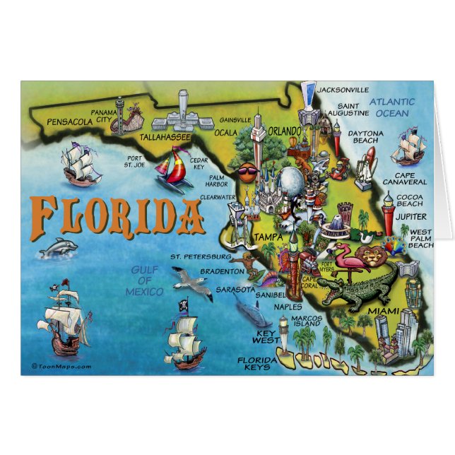 Cartão Mapa dos desenhos animados de Florida (Frente Horizontal)