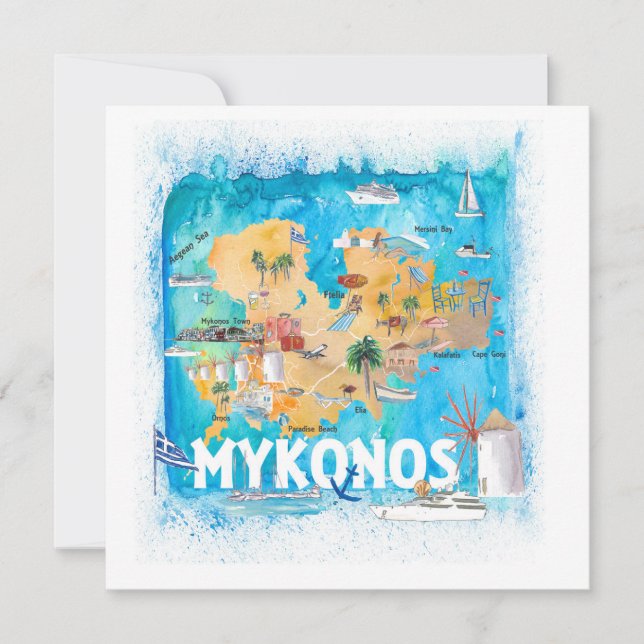 Cartão Mapa Ilustrado de Grécia do Mykonos com Pontos de  (Frente)