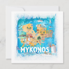 Cartão Mapa Ilustrado de Grécia do Mykonos com Pontos de