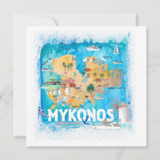 Cartão Mapa Ilustrado de Grécia do Mykonos com Pontos de