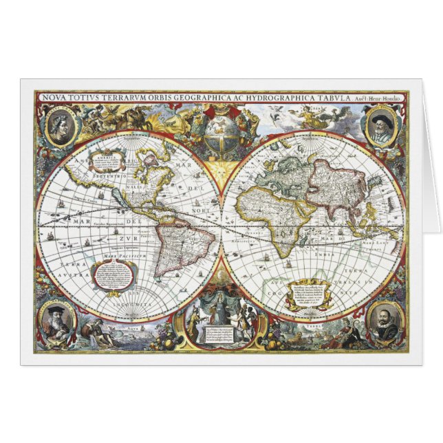 Cartão Mapa mundial antigo de Hendrik Hondius, 1630 (Frente Horizontal)