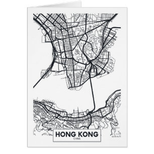 Cartão Mapa preto e branco da cidade de Hong Kong, China