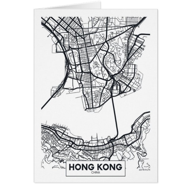 Cartão Mapa preto e branco da cidade de Hong Kong, China (Frente)