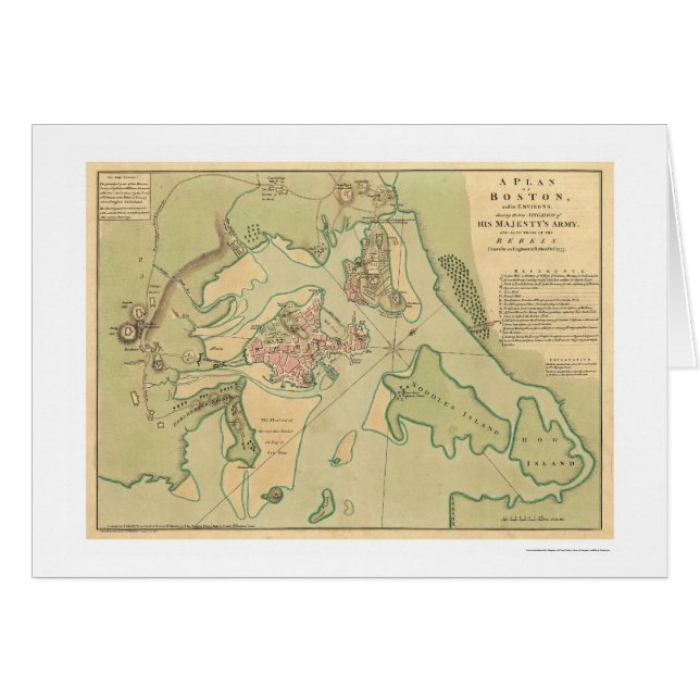 Cartão Mapa revolucionário 1776 de Boston (Frente Horizontal)
