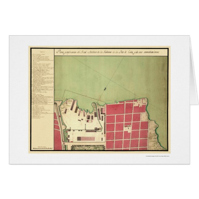 Cartão Mapa velho 1720 da cidade de Havana Cuba (Frente Horizontal)