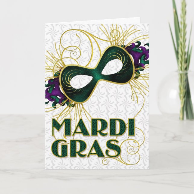 Cartão Mardi Gras na Dourada Máscara Verde Violeta (Frente)