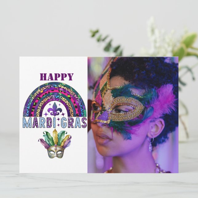 Cartão Mardi Gras Rainbow e Mask Card (Em pé/Frente)