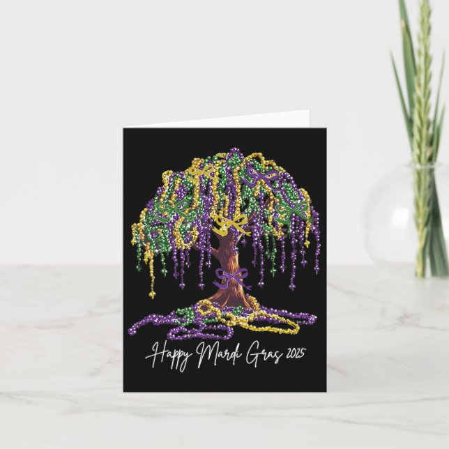 Cartão Mardi Gras Tree Miçanga New Orleans 2025 Watercolo (Frente)