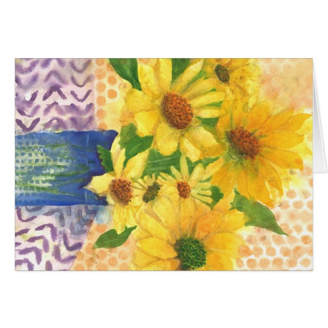 Cartão margarida amarela no vaso azul (Frente Horizontal)