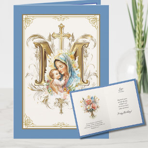 Cartão Maria Floral Escritura Jesus Azul Dourado 