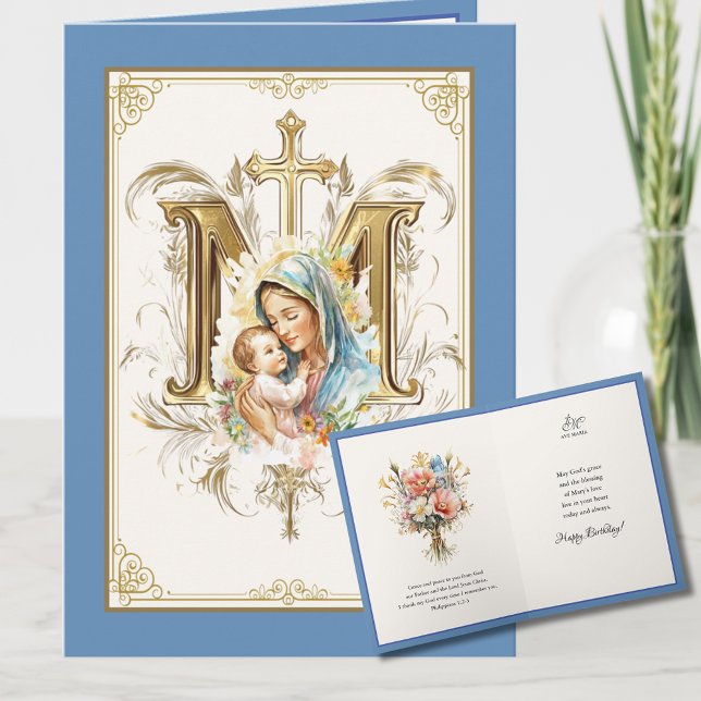 Cartão Maria Jesus Floral Escritura Azul Dourado (Criador carregado)