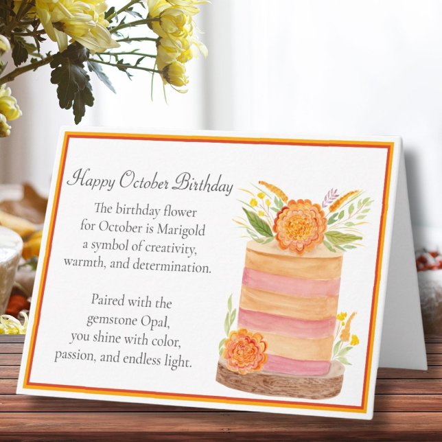 Cartão Marigolds do Aniversário de Outubro no Bolo (Criador carregado)