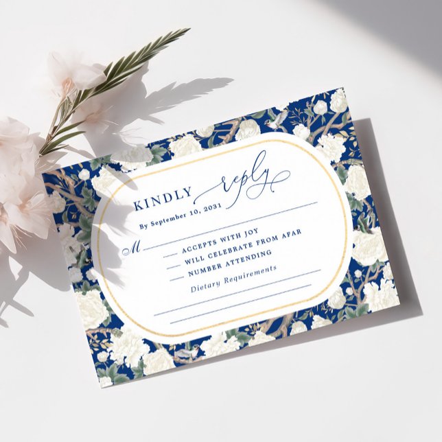 Cartão Marinho Azul Chinoiserie Floral Casamento Floral R (Criador carregado)
