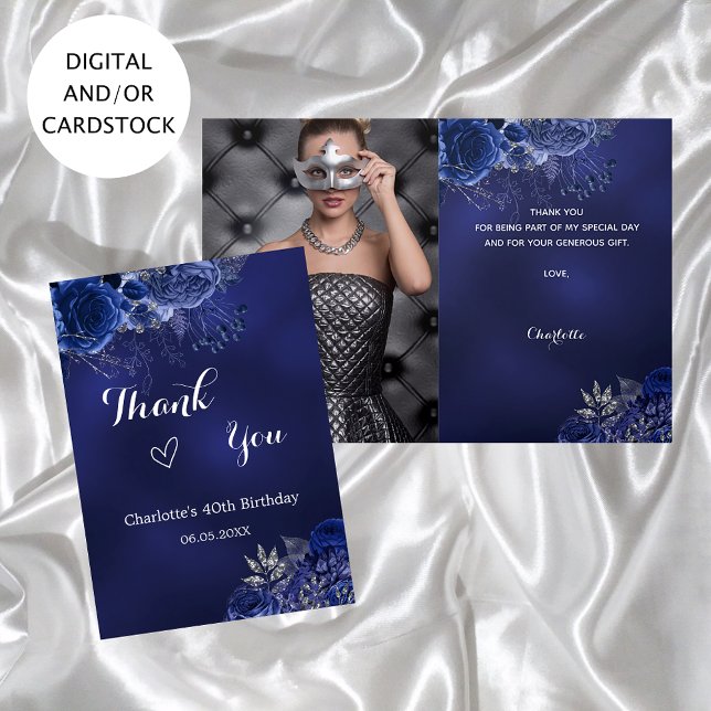 Cartão Marinho azul foto flores obrigado de aniversário (Criador carregado)