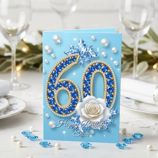 Cartão Marinho Blue Gems White Rose and Pearls 60º aniver (Criador carregado)